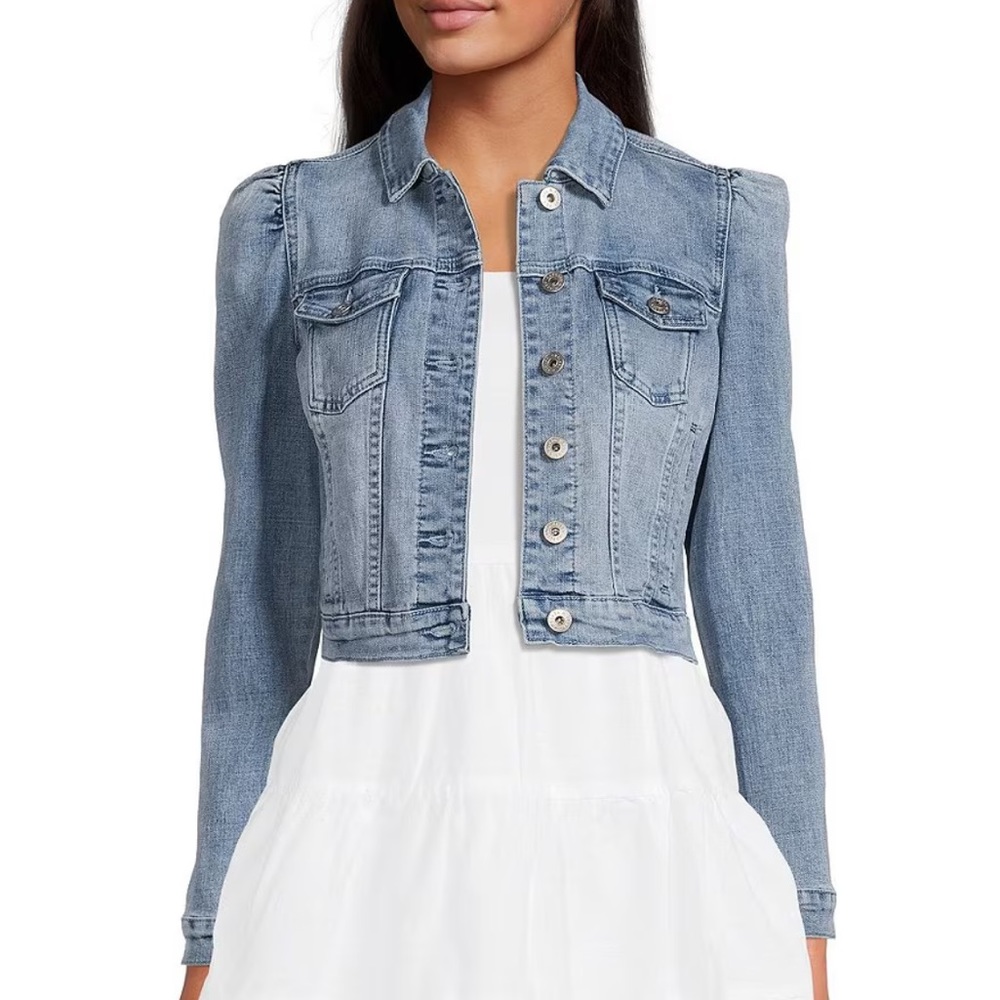 Distressed Long Puff Shoulder Sleeve Denim Short Statement Jacket